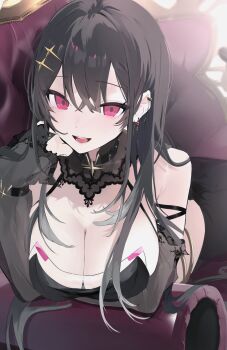 1girl black_hair breasts cleavage commentary earrings hair_ornament highres jewelry kuroha_arya long_hair momochi_tamalu open_mouth pink_eyes smile solo virtual_youtuber vspo! vspo!_en