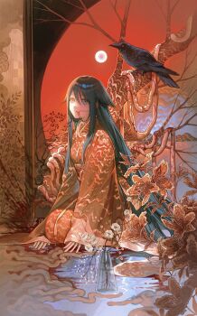 1girl absurdres alternate_costume bare_tree bird black_eyes black_hair blood blood_on_mouth blood_splatter chinese_commentary commentary_request crow disembodied_eye flesh flower flower_request full_body furisode fusuma hair_flaps heterochromia highres horizon huli_xiaobai intestines japanese_clothes kimono long_hair long_sleeves looking_at_viewer moon_gate obi obiage orange_eyes parted_lips patterned_clothing plant potted_plant red_flower red_kimono red_sky sash saya_(saya_no_uta) saya_no_uta seiza sitting sky sliding_doors solo surreal tree vase very_long_hair