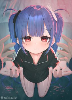 1boy 1girl absurdres black_nails black_ribbon black_shirt blue_hair blush ear_piercing earrings hair_ornament hair_ribbon hairclip highres jewelry kanae_(tsukiman) kneeling long_hair looking_at_viewer nail_polish original parted_lips piercing pov pov_hands rabbit_hair_ornament red_eyes revision ribbon shirt solo_focus tsukiman twintails very_long_hair