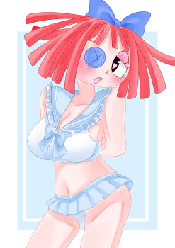 1girl absurdres bow breasts button_eye buttons cleavage glitch_productions hair_bow highres ragatha_(the_amazing_digital_circus) skirt swimsuit the_amazing_digital_circus