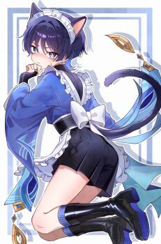1boy alternate_costume animal_ears apron arm_at_side black_boots black_bridal_gauntlets black_sash black_shorts blue_kimono blue_sleeves blunt_ends blush boots border bow bridal_gauntlets bright_pupils cat_boy cat_ears cat_tail clenched_hand closed_mouth crossdressing crossdressing_(mtf) drop_shadow embarrassed enmaided eyeliner eyeshadow frilled_apron frills from_behind furisode genshin_impact gold_ring grey_border grey_eyes hair_intakes hakama hakama_shorts hand_up highres japanese_clothes kimono knee_boots kneehighs kuro774_n large_bow long_sleeves looking_at_viewer looking_back maid maid_apron maid_headdress makeup male_focus male_maid middle_ring obi out_of_frame pleated_shorts purple_socks red_eyeliner red_eyeshadow ribbed_socks sash scaramouche_(genshin_impact) shorts socks solo sweatdrop tail tsurime wa_maid waist_apron wanderer_(genshin_impact) white_apron white_background white_bow white_pupils wide_sleeves wispy_bangs