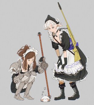 2girls :/ alternate_costume apron arm_armor armor armor_request armor_under_clothes asimov_(spindle_(aidenr0)) bird black_boots black_dress black_eyes black_gloves black_headdress black_ribbon bolt_action boots brown_hair closed_mouth commentary dress elf english_commentary enmaided frilled_dress frills gloves green_eyes grey_background grey_ribbon gun highres holding holding_staff leg_armor long_hair looking_down maid maid_apron maid_headdress multiple_girls neck_ribbon open_mouth original ottilie_(spindle_(aidenr0)) parted_bangs pointy_ears ponytail remington_model_700 ribbon rifle short_hair short_sleeves shoulder_strap simple_background sleeping sniper_rifle spindle_(aidenr0) squatting staff swept_bangs teeth two-tone_ribbon weapon weapon_on_back white_apron white_bird white_hair white_headdress zzz