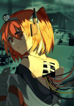 0916psy 1girl a.i._voice absurdres adachi_rei bone cable closed_mouth from_behind hair_ribbon headlamp highres indoors jacket jacket_partially_removed laboratory looking_back orange_eyes orange_hair photo_background radio ribbon shirt_partially_removed side_ponytail skeleton solo teeth utau white_jacket white_ribbon