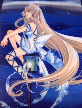 00s 1girl absurdly_long_hair barefoot brown_eyes chii chobits clamp clamp_(circle) dress female_focus frills full_body lamp legs long_hair night official_art own_hands_clasped own_hands_together profile sitting sleeveless solo very_long_hair