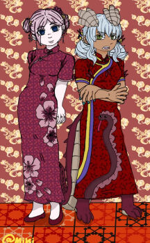 Rule 34 | 2girls, bad perspective, bad proportions, chinese clothes, chinese new year, full body, isekai shikkaku, multiple girls, qipao dress, sacchan (isekai shikkaku), standing, waldelia (isekai shikkaku)