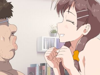 1boy 1girl ^_^ ahoge anime_coloring blush brown_hair clenched_hands clenched_teeth closed_eyes double_chin eri_(mayoineko_o_tomeyou) face-to-face facial_hair fat fat_man from_side game_asset glasses hair_between_eyes hair_over_shoulder hands_up indoors long_hair low_twintails mayoineko_o_tomeyou nighthawk non-web_source nude official_art profile self-datamine short_hair sidelocks smile sweat teeth twintails ugly_bastard variant_set visual_novel_cg