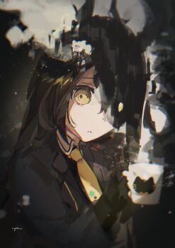 Rule 34 | 1girl, absurdres, ahoge, animal ears, black coat, black gloves, black hair, coat, coffee mug, collared shirt, cup, gloves, hair between eyes, highres, holding, holding cup, horse ears, horse girl, long bangs, long hair, long hair between eyes, long sleeves, looking at viewer, manhattan cafe (creeping shadow) (umamusume), manhattan cafe (umamusume), miya (ikanyaide), mug, necktie, parted lips, shirt, solo, steaming cup, umamusume, yellow eyes, yellow necktie