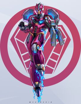 Rule 34 | 1girl, absurdres, armor, black gloves, blue eyes, commentary, english commentary, full body, gloves, glowing, helmet, highres, ironheart, marvel, marvel rivals, marvel rivals (style), no pupils, pink armor, pink helmet, power armor, rocket boots, shim0rin, solo, twitter username