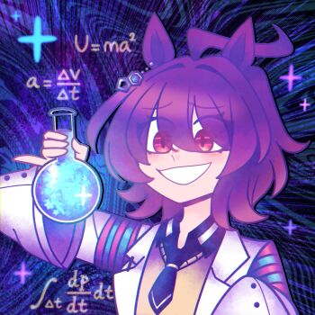 1girl agnes_tachyon_(tach-nology)_(umamusume) agnes_tachyon_(umamusume) animal_ears black_necktie blush brown_hair chemical_structure coat commentary d_vaaaah e=mc2_(equation) earrings flask hair_between_eyes highres holding holding_flask horse_ears horse_girl jewelry lab_coat long_sleeves math medium_hair necktie open_mouth red_eyes shirt short_necktie single_earring sleeves_past_fingers sleeves_past_wrists smile solo sweater sweater_vest umamusume white_coat yellow_sweater yellow_sweater_vest