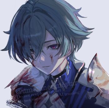 Rule 34 | 1boy, armor, blood, blood on clothes, blood on face, blue hair, border, collared shirt, crossed bangs, earrings, genshin impact, hashtag-only commentary, highres, jewelry, lohen (genshin impact), male focus, multicolored eyes, parted hair, parted lips, pauldrons, piercing, shirt, shoulder armor, single earring, single pauldron, solo, twitter username, umeumeumestar, upper body, watermark, white border, wing collar