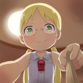 1girl blonde_hair blush buttons child commentary dress english_commentary flatculture from_below glass glasses green_eyes head_tilt highres lamp light_smile looking_at_viewer made_in_abyss pov riko_(made_in_abyss) ruler self-upload sketch sleeveless standing twintails whistle whistle_around_neck white_dress
