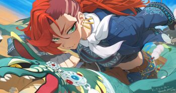 1girl asymmetrical_hair breasts commentary_request commission dynamic_pose earrings fingerless_gloves gloves green_eyes hata4564 highres jacket jewelry long_hair looking_at_viewer medium_breasts midriff mole mole_under_eye neckerchief original red_hair running sidecut skeb_commission solo undercut white_neckerchief