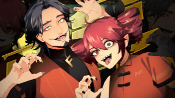 Rule 34 | 1boy, 1girl, ahoge, black hair, black nails, black shirt, blue eyes, clawed hands, corset, drill hair, facial hair, fangs, frimomen (voicepeak), goatee, halloween, heterochromia, highres, kasane teto, looking at viewer, manly, mature male, medium hair, open mouth, parted bangs, red corset, red eyes, red hair, red shirt, sharp teeth, shirt, short hair, single sleeve, sirokuman17, smile, stitched neck, stitches, synthesizer v, teeth, twin drills, utau, yellow eyes