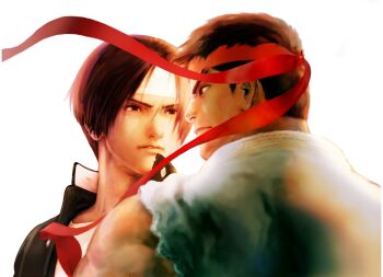 2boys artist_request black_jacket brown_hair capcom_vs._snk confrontation curtained_hair dougi eye_contact game_cg headband highres jacket kusanagi_kyou looking_at_another male_focus multiple_boys muscular non-web_source official_art parted_lips popped_collar red_headband ryu_(street_fighter) shirt short_hair simple_background street_fighter the_king_of_fighters white_headband white_shirt