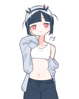 absurdres black_hair black_hairband black_shorts blunt_bangs bright_pupils commentary_request frown grey_shirt hairband hand_up highres jitomi_monoe long_sleeves magnet navel open_clothes open_shirt panties red_eyes sasso64 shirt short_hair shorts signature simple_background sleeves_past_fingers sleeves_past_wrists sports_bra underwear virtual_youtuber voms white_background white_panties white_pupils white_sports_bra