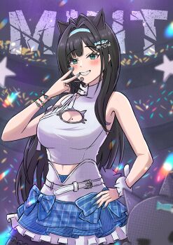 1girl absurdres aqua_headband backsine bare_shoulders black_hair blue_eyes blue_headband blue_nails blue_skirt blush breasts clothing_cutout commentary fish_hair_ornament goddess_of_victory:_nikke hair_ornament hairband headband headset highres idol large_breasts long_hair looking_at_viewer mint_(nikke) open_mouth shirt skirt sleeveless smile solo v white_shirt