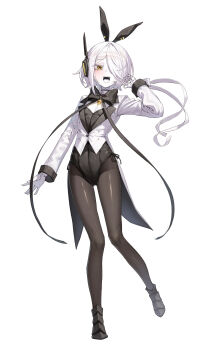 1girl absurdres animal_ears bandaged_hand bandages black_boots black_bow black_bowtie black_leotard black_pantyhose blue_archive boots bow bowtie colored_skin commentary_request fake_animal_ears formal_clothes full_body hair_over_one_eye hand_up highres kokukyukeo leotard long_hair long_sleeves looking_at_viewer open_mouth pantyhose playboy_bunny rabbit_ears simple_background smile sof_(blue_archive) solo standing standing_on_one_leg strapless strapless_leotard suit symbol-shaped_pupils teeth tuxedo upper_teeth_only white_background white_hair white_skin white_suit white_tongue x-shaped_pupils yellow_eyes