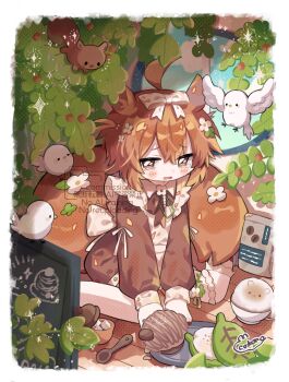 1girl ahoge animal_ears bird black_bow black_bowtie blush_stickers border borrowed_character bow bowtie brown_dress brown_eyes brown_hair commentary commission cotono_(nazekun) dot_nose double-parted_bangs dress food full_body hair_between_eyes hair_bow highres leaf long_sleeves looking_at_viewer open_mouth original short_hair signature sitting skeb_commission solo tail tears watermark white_border white_bow