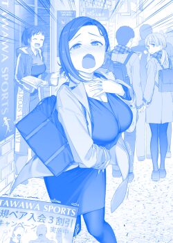 3girls backpack bag blue_theme blush breasts cleavage comic commentary_request dress emphasis_lines flyer forehead getsuyoubi_no_tawawa gimai-chan's_stepbrother_(tawawa) gimai-chan_(tawawa) hair_ornament hairclip handbag highres himura_kiseki holding_hands jacket kouhai-chan_(tawawa) large_breasts mole mole_under_eye monochrome multiple_girls nose_blush open_mouth outdoors pants pantyhose pov shoes short_hair shouting silent_comic taut_clothes taut_dress tawawa_group tears trainer-san_(tawawa) translation_request wavy_mouth