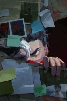 1boy bat_signal batman_(series) batman_symbol black_bodysuit black_gloves black_hair bodysuit brown_jacket chapter_56 dc_comics domino_mask eye_mask gloves grey_bodysuit highres jacket jason_todd mask multicolored_bodysuit muscular muscular_male open_clothes red_hood_(dc) red_hood_and_the_outlaws red_mask short_hair superhero_costume two-tone_bodysuit