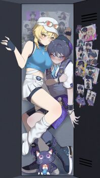 1boy 1girl absurdres alternate_costume aqua_nails aqua_necktie aqua_trim belt beret bike_shorts bike_shorts_under_skirt black_footwear black_gloves black_hair black_nails black_shorts blonde_hair blue_tank_top blush cat chain clenched_hand collared_shirt contemporary couple cross-laced_footwear emblem eyeliner eyeshadow eyewear_on_headwear face_to_breasts feathers fingerless_gloves garter_straps genshin_impact gloves gold grey_vest hair_between_eyes hair_intakes hat hetero highres in_locker legs locker looking_down looking_up loose_socks lumine_(genshin_impact) lumine_(live_actually)_(genshin_impact) makeup multicolored_vest necktie nesaki official_alternate_costume paint paint_on_clothes parted_lips plaid_clothes pom_pom_(clothes) purple_eyes purple_socks purple_trim red_eyeliner red_eyeshadow scaramouche_(cat)_(genshin_impact) scaramouche_(genshin_impact) shirt short_hair short_hair_with_long_locks short_sleeves shorts skirt sleeveless socks star_(symbol) string sunglasses tank_top vest visor_cap wanderer_(genshin_impact) wanderer_(mega_mgc_coffee)_(genshin_impact) white_belt white_footwear white_hat white_shirt white_skirt white_sleeves white_socks wrist_cuffs wristband yarn yarn_ball yellow_eyes