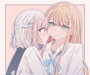 2girls absurdres black_sailor_collar blue_bow blue_bowtie blue_ribbon bow bowtie braid closed_mouth collared_shirt commentary_request gakuen_idolmaster green_eyes hair_ribbon half_up_braid heart heart_necklace highres idolmaster jewelry katsuragi_lilja kousaka_0v0 long_hair looking_at_another multiple_girls necklace orange_hair outline pink_background purple_eyes ribbon ribbon_braid sailor_collar shirt shiun_sumika short_hair white_background white_hair white_outline white_shirt yuri