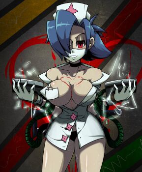 1girl blood blood_on_breasts blue_hair breasts breasts_out choker collarbone cowboy_shot defibrillator electricity eyepatch facing_viewer hat highres large_breasts looking_at_viewer mask medical_eyepatch mouth_mask name_tag nurse_cap off_shoulder panties ponytail skullgirls smile solo surgical_mask sweat underwear valentine_(skullgirls) zerotosix06