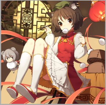 2girls album_cover alternate_costume alternate_size animal_ear_fluff animal_ear_piercing animal_ears bamboo_steamer brown_eyes brown_hair cat_ears cat_tail chen chopsticks commentary_request cover dress dumpling earrings food food_in_mouth green_hat grey_hair hat holding holding_chopsticks hoop_earrings iron_attack! jewelry kneehighs long_sleeves mini_person minigirl mob_cap mouse_ears mouse_girl mouth_hold multiple_girls multiple_tails nazrin nekomata red_shoes red_tabard second-party_source sh_(shinh) shoes short_hair single_earring socks tabard tail touhou two_tails white_dress white_socks