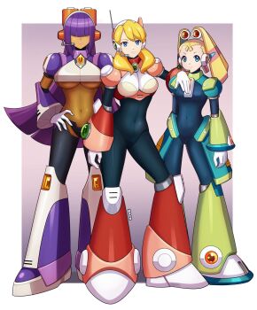 3girls alia_(mega_man) android armor black_bodysuit blonde_hair blunt_bangs bodysuit breasts brown_bodysuit covered_navel dark-skinned_female dark_skin deniacp detached_hair full_body green_armor hair_over_eyes headset highres large_breasts layer_(mega_man) long_hair medium_breasts medium_hair mega_man_(series) mega_man_x8 mega_man_x_(series) multiple_girls pallette_(mega_man) pink_armor purple_hair robot_girl small_breasts twintails underboob