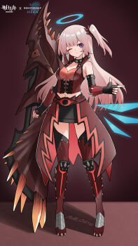 1girl absurdres alternate_costume ambriel_(arknights) arknights armor armored_boots artist_name bare_shoulders black_collar blue_halo blush boots breasts chinese_commentary cleavage closed_mouth collar commentary_request copyright_name finger_gun full_body halo highres huge_weapon jiuyu_qame light_smile long_hair looking_to_the_side medium_breasts midriff monster_hunter:_world monster_hunter_(series) monster_hunter_world:_iceborne navel one_eye_closed one_side_up pink_hair pointing pointing_to_the_side purple_eyes red_boots solo spiked_armor spiked_boots spikes standing thigh_boots traditional_halo vambraces weapon