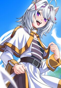 1girl absurdres ahoge animal_ears belt black_belt blush capelet cat_ears cat_girl commentary cosplay english_commentary eyelashes filian_(vtuber) frieren frieren_(cosplay) hair_intakes hair_ornament hairclip highres indie_virtual_youtuber jacket long_sleeves open_clothes open_jacket open_mouth purple_eyes revision rodc_art shirt skirt smile solo sousou_no_frieren striped_clothes striped_shirt teeth tongue tongue_out upper_teeth_only virtual_youtuber white_capelet white_jacket white_skirt