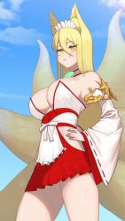 1girl angry animal_ear_fluff animal_ears animated blinking blonde_hair blue_sky blush bouncing_breasts breasts canned_tuna cleavage cloud day dc_(makezzal) english_text fox_ears fox_girl fox_tail from_below hair_between_eyes hakama hakama_skirt hirume_of_heavenly_incense huge_filesize japanese_clothes kitsune kyuubi large_breasts last_origin long_hair looking_at_viewer maebari magatama maid_headdress miko multiple_tails ofuda ofuda_on_pussy outdoors skirt sky solo tail ugoira video