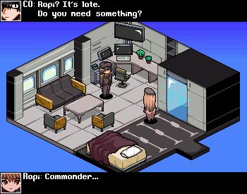 1boy 1girl android ass bed chair chibi commander_(nikke) computer dangerfield english_text goddess_of_victory:_nikke hat huge_ass pixel_art rapi_(nikke) standing