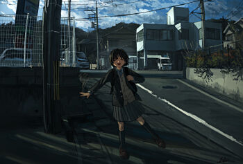 1girl ^_^ absurdres anko1127 backpack bag balancing black_bag black_hair black_jacket black_skirt black_socks blazer blush brown_shoes building car cardigan closed_eyes cloud cloudy_sky collared_shirt commentary_request day facing_viewer fence grey_cardigan highres jacket kneehighs loafers long_sleeves motor_vehicle open_mouth original outdoors outstretched_arm pleated_skirt power_lines road scenery school_uniform shirt shoes short_hair signature skirt sky smile socks solo standing standing_on_one_leg street_gutter suburb utility_pole wide_shot