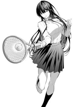 1girl ball breasts greyscale haite_kudasai_takamine-san highres hiiragi_yuuichi holding holding_racket large_breasts leg_up long_hair long_sleeves looking_at_viewer monochrome necktie one_eye_closed parted_lips pleated_skirt racket shirt skirt solo takamine_takane tennis_ball tennis_racket upper_body