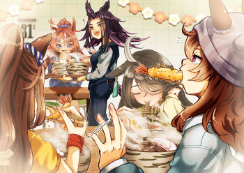 5girls absurdres ahoge animal_ears beanie black_hair black_ribbon blue_eyes blue_jacket blue_pants blue_shirt blue_vest blush breasts brown_hair bubble_gum_fellow_(casual)_(umamusume) bubble_gum_fellow_(umamusume) chamo_(ch22226) chopsticks closed_eyes closed_mouth collarbone denim denim_jacket ear_ornament ear_tag earrings ears_through_headwear eating el_condor_pasa_(casual)_(umamusume) el_condor_pasa_(umamusume) fenomeno_(casual)_(umamusume) fenomeno_(umamusume) flipped_hair food frilled_shirt frills grey_hat hair_between_eyes hair_ornament hat highres holding holding_chopsticks hood hooded_sweater hoodie horse_ears horse_girl horse_tail jacket jewelry long_bangs long_hair long_hair_between_eyes long_sleeves manhattan_cafe_(casual)_(umamusume) manhattan_cafe_(umamusume) multicolored_hair multiple_girls nakayama_festa_(casual)_(umamusume) nakayama_festa_(umamusume) neck_ribbon necklace noodles open_clothes open_jacket open_mouth pants ponytail purple_eyes purple_hair ribbon shirt short_sleeves shrimp shrimp_tempura single_earring smile steaming_food streaked_hair striped_clothes striped_headwear sweater tail teeth tempura umamusume upper_teeth_only vertical-striped_clothes vertical-striped_headwear vest white_hair white_hoodie white_shirt wristband yellow_shirt