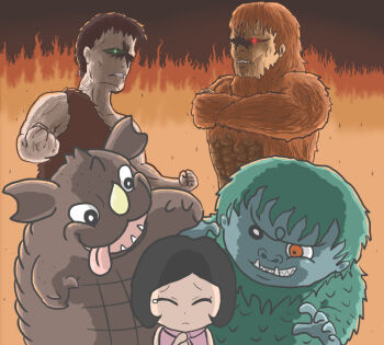 Rule 34 | 1boy, 1girl, actor connection, angry, baragon (godzilla), black eyes, black hair, bright pupils, brothers, brown fur, chibi, closed eyes, composite character, crossover, dinosaur, father and son, fire, frankenstein, frankenstein's monster, frankenstein (frankenstein vs. baragon), frankenstein vs. baragon, gaira, giant, giant monster, glowing, glowing eyes, godzilla (series), grandfather and grandson, green eyes, green fur, heterochromia, horns, hungry, kaijin, kaiju, licking lips, mizuno kumi, monster, muscular, muscular arms, muscular male, nasal horn, no pupils, open mouth, pikpik0109, red eyes, sanda, scales, scared, sharp teeth, siblings, single horn, teeth, the war of the gargantuas, togami sueko, togawa akemi, toho, tongue, tongue out, tusks, underbite, veins, veiny arms, veiny head, veiny neck, white pupils