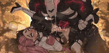 1boy 1girl animal_penis asphyxiation boots brown_eyes brown_hair commission cum cum_in_mouth cum_in_pussy gloves grimm_(rwby) hetero heterochromia highres huge_penis knotted_penis large_insertion leg_grab lying motion_lines multicolored_hair neopolitan_(rwby) on_back open_mouth outdoors penis piledriver_(sex) pink_eyes pink_hair pussy rape rolling_eyes rwby scratches sex shuuko_(s_h_uuko) spread_legs torn_clothes vaginal