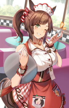 1girl animal_ears blush booth_seating breasts brown_hair cleavage clothing_cutout diner green_eyes grin headdress heart_on_chest high-waist_skirt highres holding holding_tray horse_ears horse_girl horse_tail indoors ines_fujin_(melty_gift)_(umamusume) ines_fujin_(umamusume) jewelry large_breasts long_hair looking_at_viewer maid_headdress name_tag navel necklace notice_lines one_eye_closed red_nails red_skirt shirt short_hair shoulder_cutout side_ponytail skirt smile solo tail tray umamusume upper_body waitress white_shirt window wrist_cuffs yu_ni_t