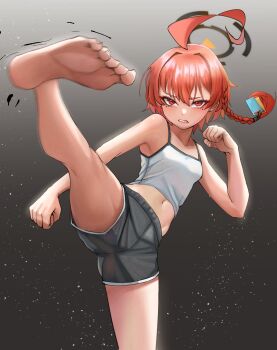 1girl ahoge black_shorts blue_archive braid breasts camisole clenched_teeth earrings feet fighting_stance grey_background gym_shorts hair_ornament hair_tie halo huge_ahoge jewelry kicking lips midriff midriff_peek mole mole_under_each_eye mole_under_eye multiple_moles navel neru_(blue_archive) orange_hair red_eyes short_hair shorts shorts_shorts side_braid small_breasts solo taeman teeth white_camisole