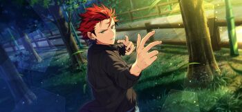 Rule 34 | 1boy, bamboo, belt, black belt, black hair, black shirt, clenched teeth, ear piercing, earrings, ensemble stars!, fingernails, game cg, grass, green eyes, hands up, happy elements, jewelry, kiryu kuro, long sleeves, male focus, multicolored hair, official art, oniyasha (ensemble stars!), outdoors, parted lips, piercing, red hair, shirt, short hair, solo, streaked hair, stud earrings, teeth, third-party source, tree, two-tone hair, upper body