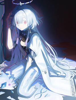 Rule 34 | 1girl, absurdres, amputee, blood, breasts, broken leg, cleavage, colored eyelashes, commentary, crystal, dalmo (pafe2444), dress, earrings, grey hair, hair intakes, hair ornament, halo, hand on own head, hand up, highres, jacket, jewelry, legless amputee, long hair, looking at viewer, mornye (wuthering waves), parted lips, purple dress, red eyes, see-through body, sitting, small breasts, solo, surprised, symbol-only commentary, tacet mark (wuthering waves), triangle earrings, white jacket, wuthering waves