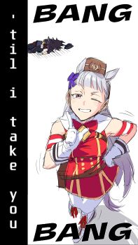 1girl 2girls absurdres animal_ears animation_meme armband bag bang_bang_bang_(bbpanzu) black_jacket blunt_bangs boots bow bowtie brown_bag brown_hat dancing dress ear_bow ear_ribbon english_text facing_away facing_viewer family_guy_death_pose_(meme) fenomeno_(black_flames_of_the_righteous_spirit)_(umamusume) fenomeno_(umamusume) gloves gold_buttons gold_ship_(red_strife)_(umamusume) gold_ship_(umamusume) hand_on_own_hip hat highres horse_ears horse_girl horse_tail jacket l_hand light_blush long_hair long_sleeves looking_at_viewer lying meme motion_lines multicolored_hair multiple_girls on_side one_eye_closed pantyhose pillbox_hat pink_eyes purple_hair raised_eyebrow red_dress sketch sleeveless sleeveless_dress smile standing standing_on_one_leg striped_armband striped_clothes tail teeth umagamja umamusume unworn_headwear very_long_hair white_background white_boots white_gloves white_hair white_pantyhose