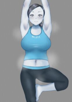 1girl armpits barefoot breasts colored_skin crop_top film_grain grey_eyes grey_hair grin highres hikage011 large_breasts long_hair looking_at_viewer midriff navel nintendo pants ponytail smile solo tank_top toes white_skin wii_fit wii_fit_trainer wii_fit_trainer_(female) yoga yoga_pants