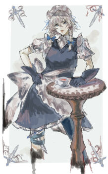 1girl apron blue_bow border bow cup dress gloves green_bow green_dress green_eyes green_gloves hair_between_eyes hair_bow hand_on_own_hip hand_on_table highres izayoi_sakuya knife maid maid_headdress medium_hair oftooon ornate_border puffy_short_sleeves puffy_sleeves shirt short_sleeves solo standing thigh_strap touhou waist_apron waist_bow white_apron white_hair white_shirt