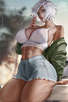 Rule 34 | 1girl, abs, arm support, blurry, blurry background, breasts, cigarette, commentary, crop top, cutoffs, dark-skinned female, dark skin, english commentary, grey eyes, highres, holding, holding cigarette, jacket, large breasts, lips, looking at viewer, midriff, navel, off shoulder, olchas, open clothes, open jacket, original, short hair, shorts, solo, white hair