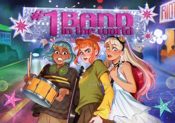 Rule 34 | 3girls, aqua hair, artist name, blonde hair, blue eyes, brown shirt, brown skirt, dark-skinned female, dark skin, double bun, dress, drum, english text, frankie (peach riot), gigi (peach riot), goggles, goggles on head, green eyes, green shirt, hair bun, instrument, layered sleeves, long hair, long sleeves, looking at viewer, luztapiaart, multiple girls, orange hair, peach riot (popmart), poppy (peach riot), shirt, short hair, short over long sleeves, short sleeves, skirt, sleeveless, sleeveless dress, star (symbol), watermark, white dress, yellow sleeves