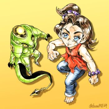1girl araki_hirohiko_(style) barefoot blue_eyes brown_hair crossover diamond_wa_kudakenai donkey_kong_(series) donkey_kong_bananza dusa echoes_(stand) echoes_act2 highres jojo_no_kimyou_na_bouken looking_at_viewer nintendo pauline_(mario) pauline_(young)_(mario) shirt sleeveless sleeveless_shirt stand_(jojo) twitter_username yellow_background