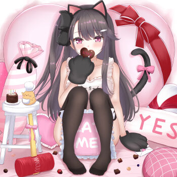 1girl absurdres animal_ears animal_hands apron azur_lane blush bow breasts brown_hair candy cat_ears cat_girl cat_paws cat_tail chocolate chocolate_heart cleavage commentary_request covered_mouth fish_hair_ornament food full_body gloves hair_ornament hand_up heart heart-shaped_food heart-shaped_pillow highres knees_up large_breasts long_hair looking_at_viewer naked_apron paashe pamiat_merkuria_(azur_lane) pamiat_merkuria_(mercurial_chocolate_love)_(azur_lane) paw_gloves pillow pink_eyes side_ponytail sitting solo tail tail_bow tail_ornament thighhighs very_long_hair white_apron