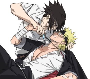 Rule 34 | 2boys, bandaged wrist, bandages, bandaid, bandaid on arm, bandaid on cheek, bandaid on face, black hair, black headband, black jacket, black pantyhose, blonde hair, blue eyes, clenched teeth, clothes grab, collared shirt, commentary, facial mark, furrowed brow, hand in another's hair, headband, highres, holding, holding hands, holding jewelry, holding necklace, jacket, jewelry, male focus, multiple boys, naruto (series), naruto shippuuden, necklace, neckwear grab, okbdko123, open clothes, open shirt, pale skin, pantyhose, pectorals, shirt, short hair, sleeves rolled up, spiked hair, teeth, uchiha sasuke, untranslatable commentary, upper body, uzumaki naruto, whisker markings, white background, white shirt